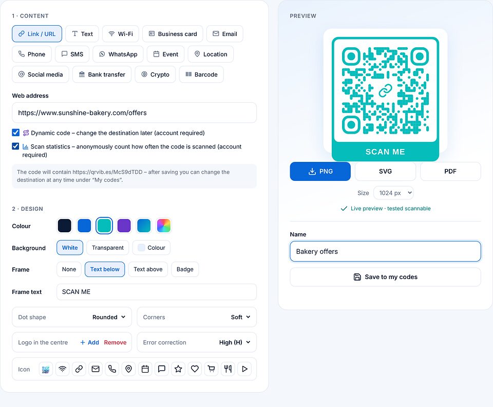Pagina Crea con le opzioni codice dinamico e statistiche di scansione spuntate; una nota mostra il link breve contenuto nel codice.
