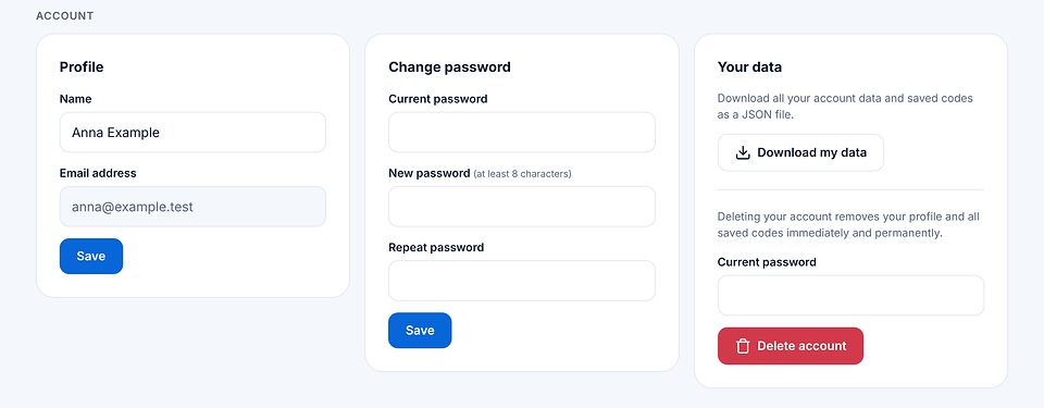 Sezione account con profilo, cambio password e i tuoi dati con scarica i miei dati ed elimina account.