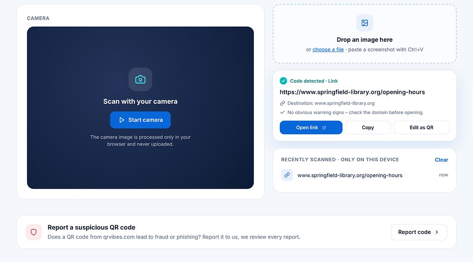 Risultato della scansione: codice riconosciuto, link alla biblioteca comunale con dominio di destinazione, nota sui segnali sospetti e i pulsanti apri link, copia e modifica come QR; accanto la cronologia, sotto il riquadro per segnalare un QR code sospetto.